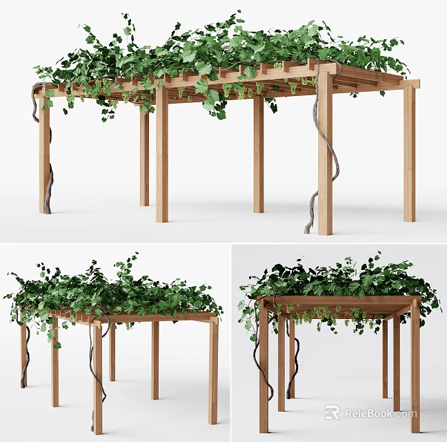 Wooden Pergola Structure With Green Vines Climbing Overhead For Outdoor Garden 3d model 