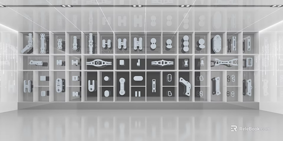 Various Metal Parts of Different Shapes Neatly Arranged On White Shelves Bright Indoor 3d model 