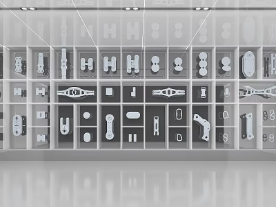 Various Metal Parts of Different Shapes Neatly Arranged On White Shelves Bright Indoor 3d model