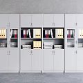 Gray Modern Bookcase with Glass Doors Closed Cabinets Folders Books and Drawers