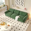 Cozy Green Velvet Three Seater Sofa With White Coffee Table Geometric Rug In Living Room