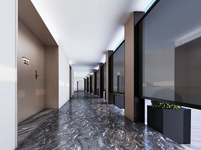 Modern Office Corridor With Marble Floor Potted Plants Recessed Lighting And Glass Partitions 3d model