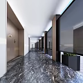 Modern Office Corridor With Marble Floor Potted Plants Recessed Lighting And Glass Partitions