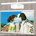 Projection Monitoring With Projector And Screen Showing Animated Scene Of Two Girls On Wooden Wall