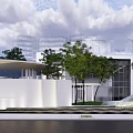 Modern Sales Office Building With Glass Curtain Wall White Exterior And Trees