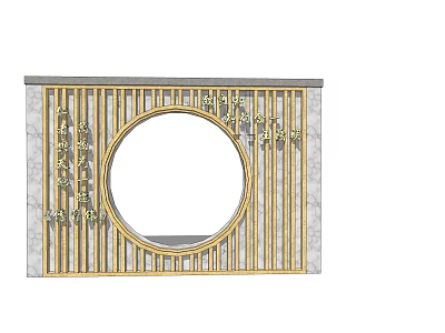 Golden Grille Feature Wall With Circular Cutout Decorative Floral Motifs And Marble Background 3d model