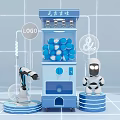 Vending Machine With Blue Cups And Robot Against Blue Tiled Wall Background 3d model