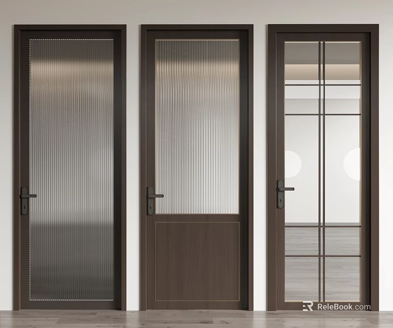 Modern Hinged Doors With Brown Frame Textured And Grid Glass Design 3d model