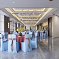Elegant Banquet Hall with White Chairs Pink Bows Red Tables Crystal Chandeliers and Wedding Screen