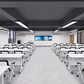 Modern School Classroom With Neatly Arranged White Desks Black Ceiling Beams Hanging Lights And Windows