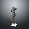 Tall Communication Tower With Metal Frame And Signal Transmitters On White Base