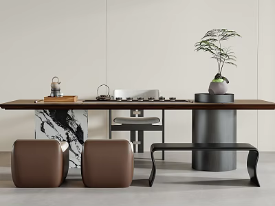 Modern Minimalist Tea Table And Chairs With Marble Top Teapot Set And Potted Plant 3d model