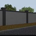 Modern Gray Garden Wall With Black Pillars Red Shrubs Gray Paving And Green Trees