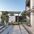 Modern Courtyard Garden Design With Water Feature Green Plants And Stone Patio