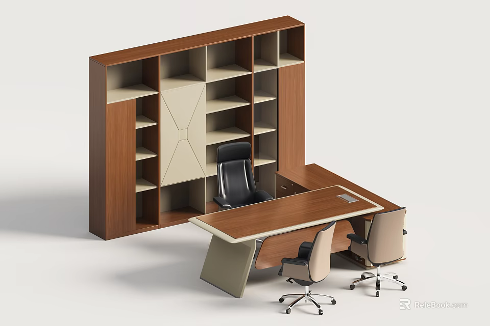 Modern Geometric Office Desk With Brown Storage Shelving Unit And Black Beige Chairs 3d model 