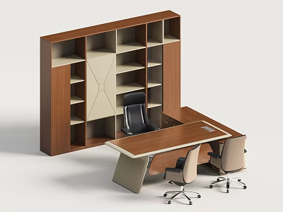 Modern Geometric Office Desk With Brown Storage Shelving Unit And Black Beige Chairs 3d model