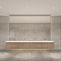 Modern Public Restroom With Marble Walls Floor And Wooden Washbasin Counter Large Mirror