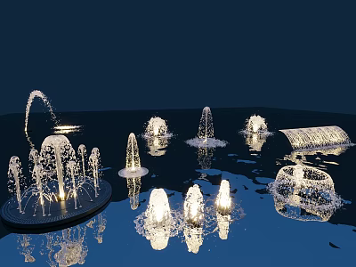 Garden Ornaments Featuring Decorative Water Fountains With Various Shapes And Reflections On Water Surface 3d model