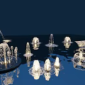 Garden Ornaments Featuring Decorative Water Fountains With Various Shapes And Reflections On Water Surface