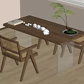 Minimalist Wooden Tea Table and Chairs with Rattan Chair Tea Sets Book and Potted Plant