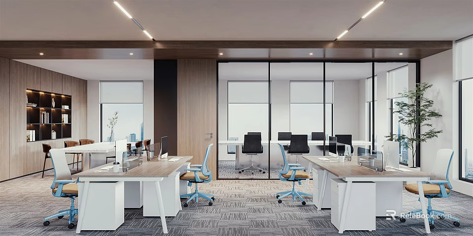 Modern Open Public Office Space With Glass Partitions Desks Chairs Computers Plants And Lighting 3d model 