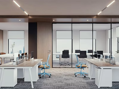 Modern Open Public Office Space With Glass Partitions Desks Chairs Computers Plants And Lighting 3d model
