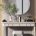 Elegant White Dressing Table With Round Mirror Green Plant Stool And Wall Lamps