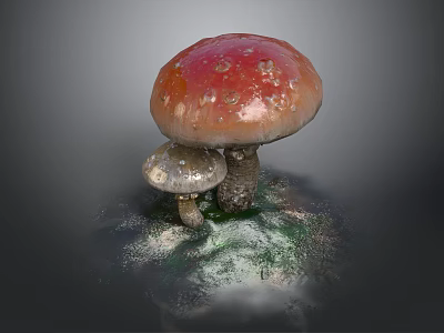 Fresh Wild Mushrooms with Red Cap White Spots and Small Gray One on Mossy Ground 3d model