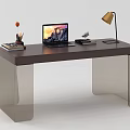 Modern Desk With Dark Wood Top Clear Acrylic Legs Laptop Table Lamp And Decorative Items
