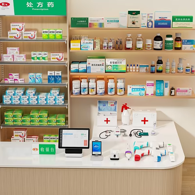 Hospital Information Desk With Medicine Shelves Medical Supplies Computer Stethoscope And First Aid Kit 3d model