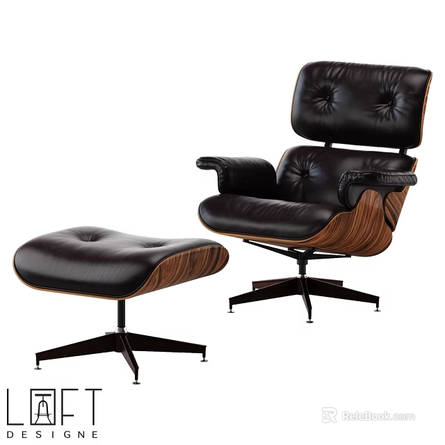 Modern Black Leather Leisure Chair With Wooden Armrests And Ottoman 3d model 
