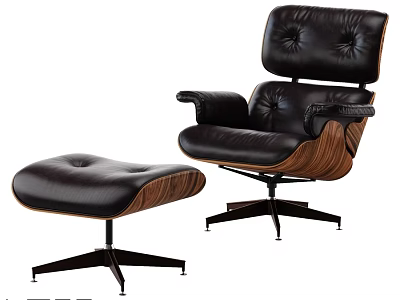 Modern Black Leather Leisure Chair With Wooden Armrests And Ottoman 3d model