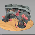 3D Cave Scene With Rock Structure Pink Coral Elements And Orange Base 3d model