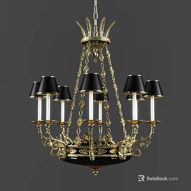 Elegant Golden Chandelier With Black Lampshades And Multiple Candle Shaped Bulbs 3d model 