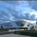 Modern Industrial Factory Building Featuring Glass Curtain Walls Curved White Exterior And Green Surroundings