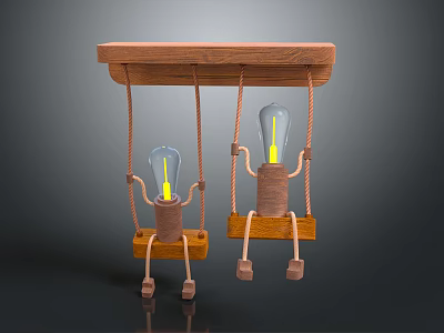 Wooden Swing Shaped Chandelier with Humanoid Light Bulb Figures Hanging on Dark Background 3d model