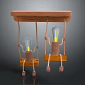 Wooden Swing Shaped Chandelier with Humanoid Light Bulb Figures Hanging on Dark Background