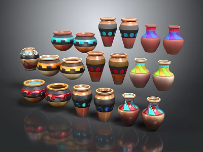 Colorful Decorative Vases With Various Patterns Arranged On Shiny Black Surface 3d model