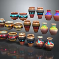 Colorful Decorative Vases With Various Patterns Arranged On Shiny Black Surface