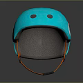 Blue Protective Helmet With Orange Straps And Colorful Sticker Design