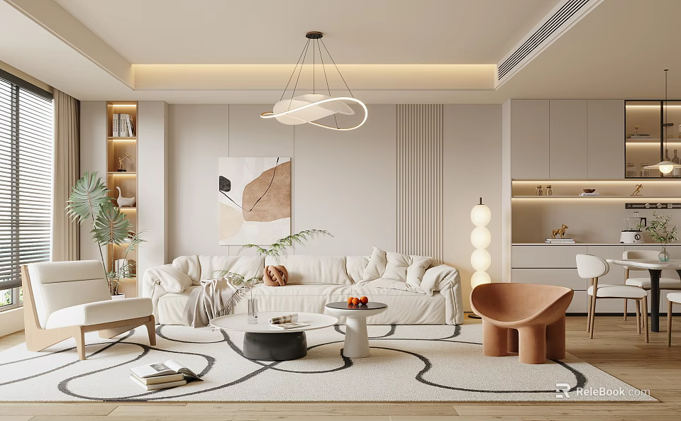 Modern Open Living Dining Space With Neutral Tones And Stylish Decor 3d model