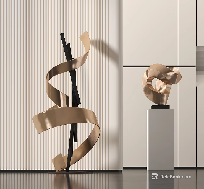 Abstract Golden Ribbon Sculpture With Twisted Curved Design In Modern Interior With Striped Wall Pedestal 3d model 