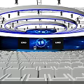 Modern Conference Hall Interior With Circular Lighting Large Screen And Rows Of Seats