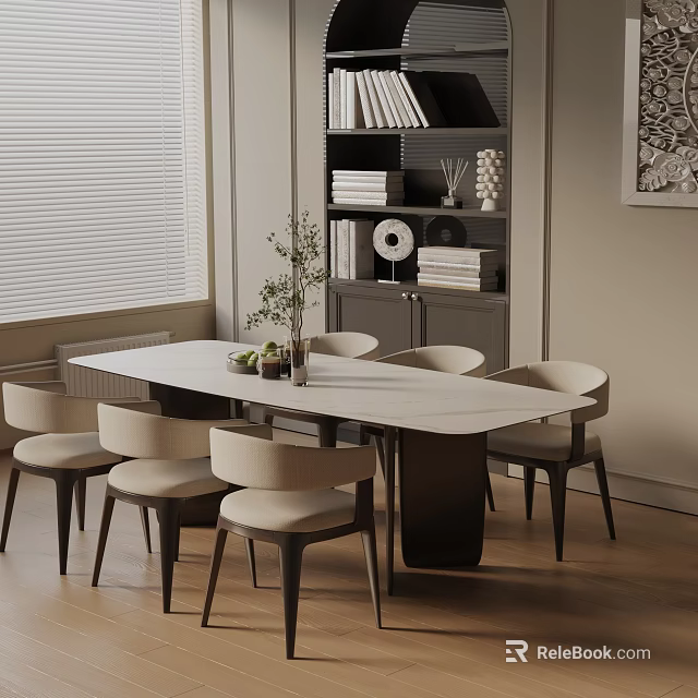 Modern Dining Table Set With Six Chairs Decorative Plant And Interior Bookshelf Window Blinds 3d model 