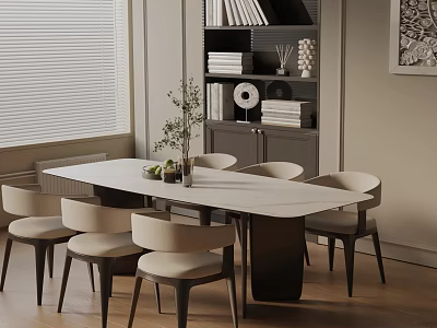 Modern Dining Table Set With Six Chairs Decorative Plant And Interior Bookshelf Window Blinds 3d model