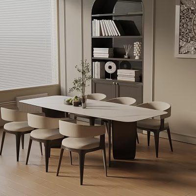 Modern Dining Table Set With Six Chairs Decorative Plant And Interior Bookshelf Window Blinds 3d model