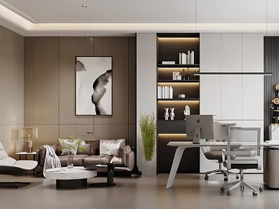 Modern Minimalist Office Interior With Sofa Desk Bookshelf Green Plant And Wall Art 3d model