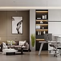 Modern Minimalist Office Interior With Sofa Desk Bookshelf Green Plant And Wall Art