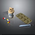 Various Medical Supplies Including Pill Bottle Blister Pack Capsules And Syringe