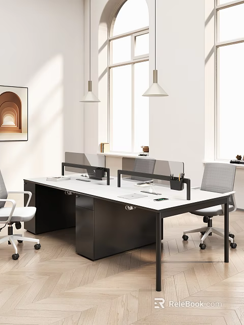 Modern Public Office Space Featuring Open Workstations Ergonomic Chairs Divider Screens And Natural Light 3d model 
